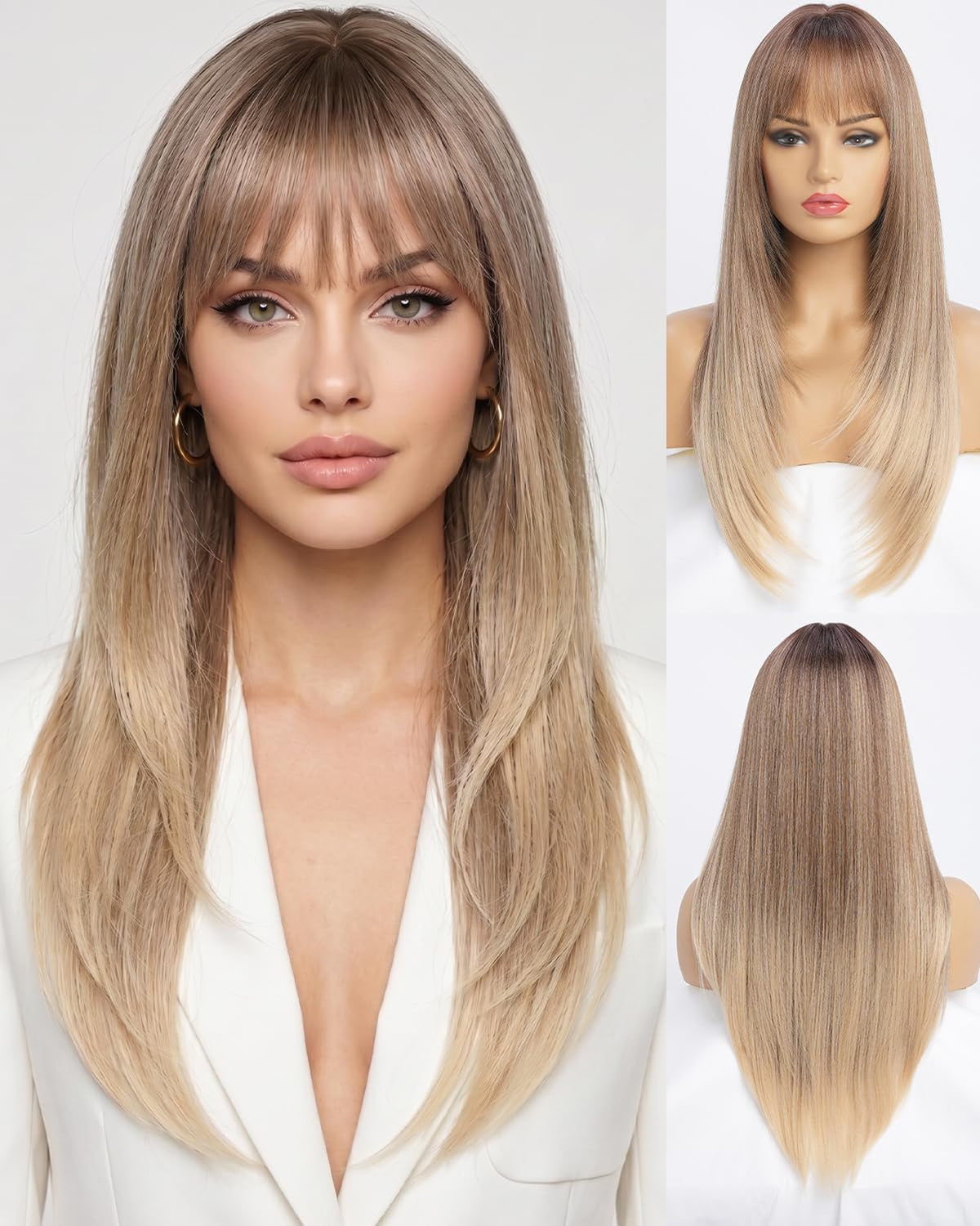 26-Inch Ombre Blonde Synthetic Wig with Bangs for Women - Heat-Resistant, Straight Hair Extension