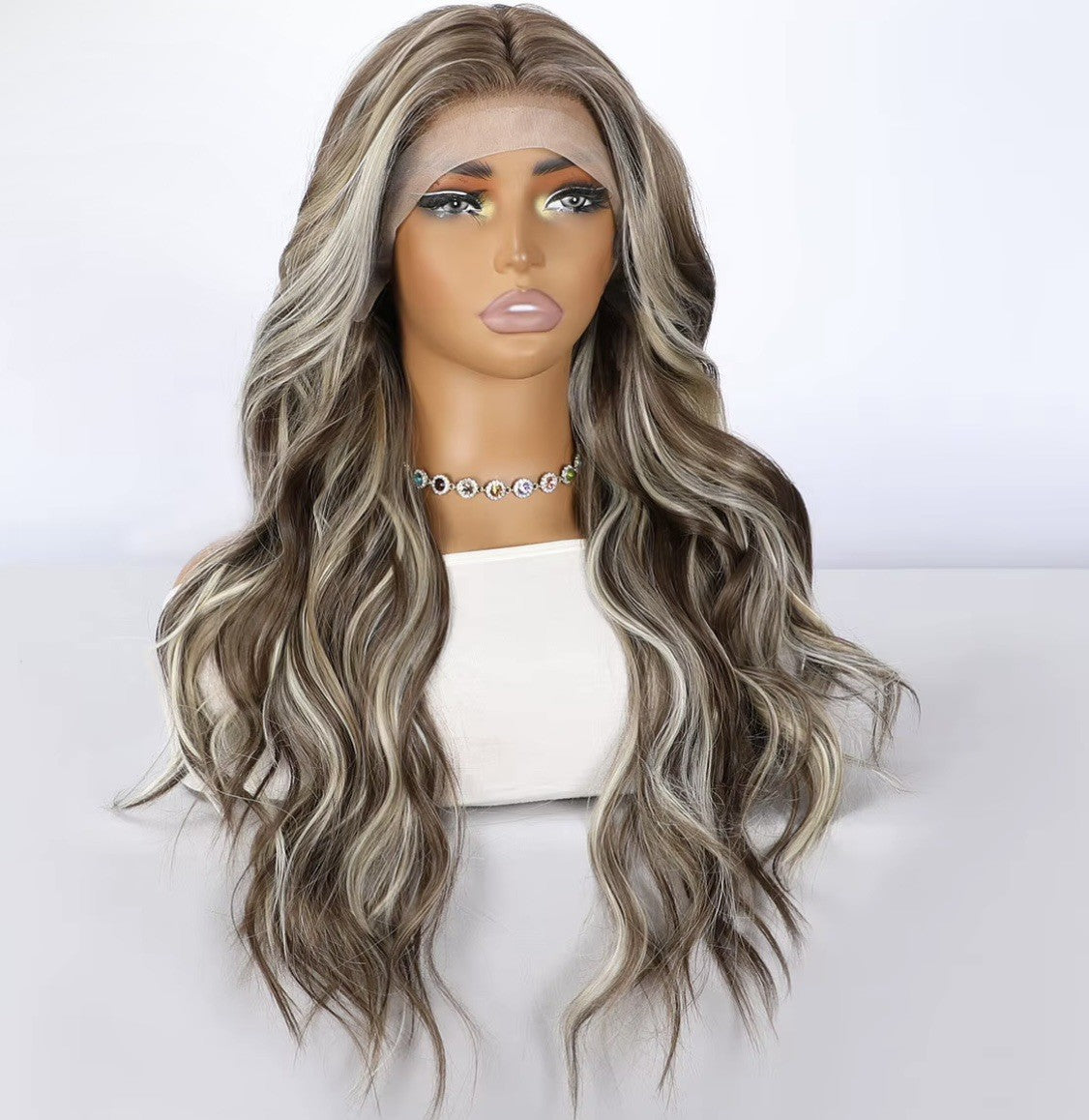 Ombre Brown Blonde 26 Inch Wavy Lace Front Wig - Body Wave Highlight Hair, Glueless Synthetic Style