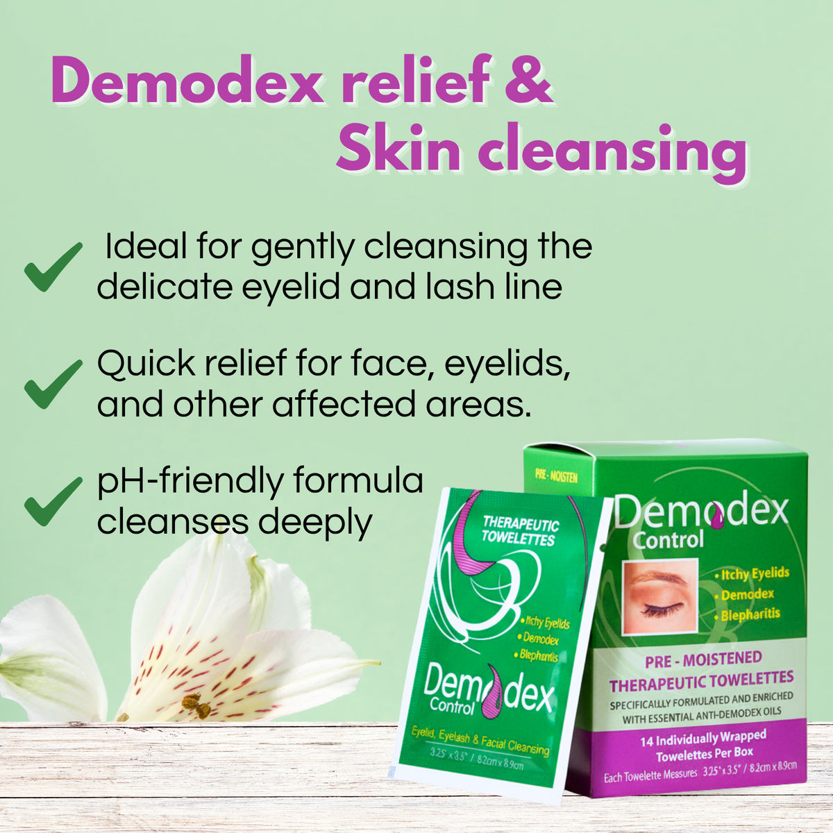 Eyelid & Face Cleansing Wipes for Demodex, Blepharitis, Itchy Eyes - 14 Pack