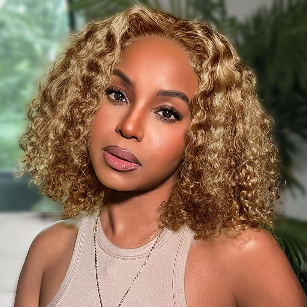 Deep Wave Ombre Honey Blonde Bob Lace Front Wig - 12 Inch Human Hair