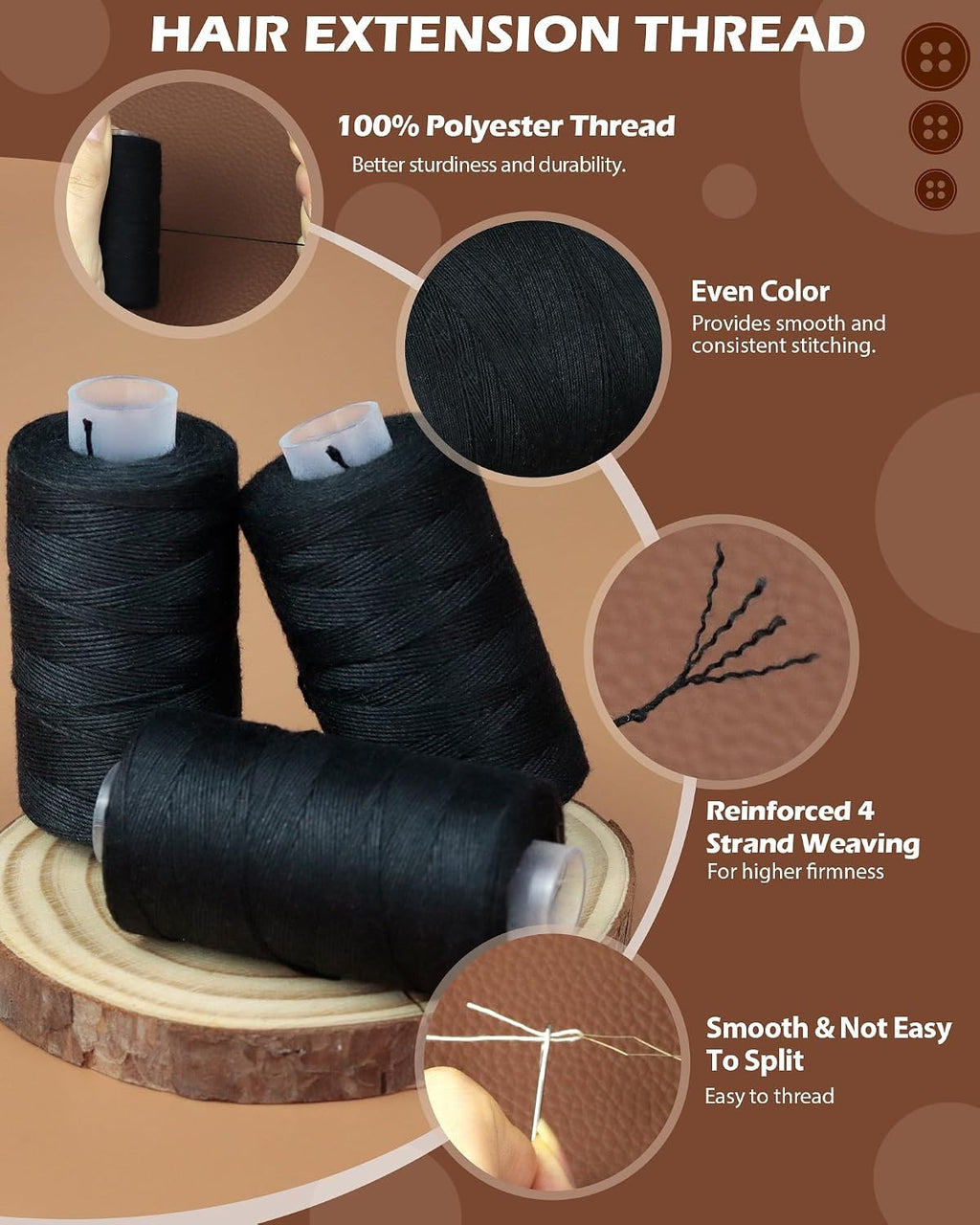 Hair Extension Thread Kit with Needles & Pins for Wig Weaving - Black