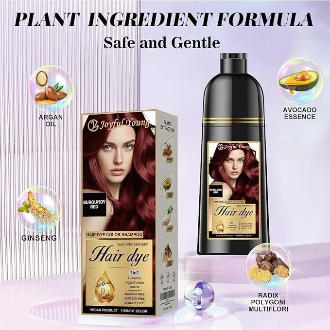 3-in-1 Burgundy Red Hair Dye Shampoo Gray Coverage Ammonia-Free