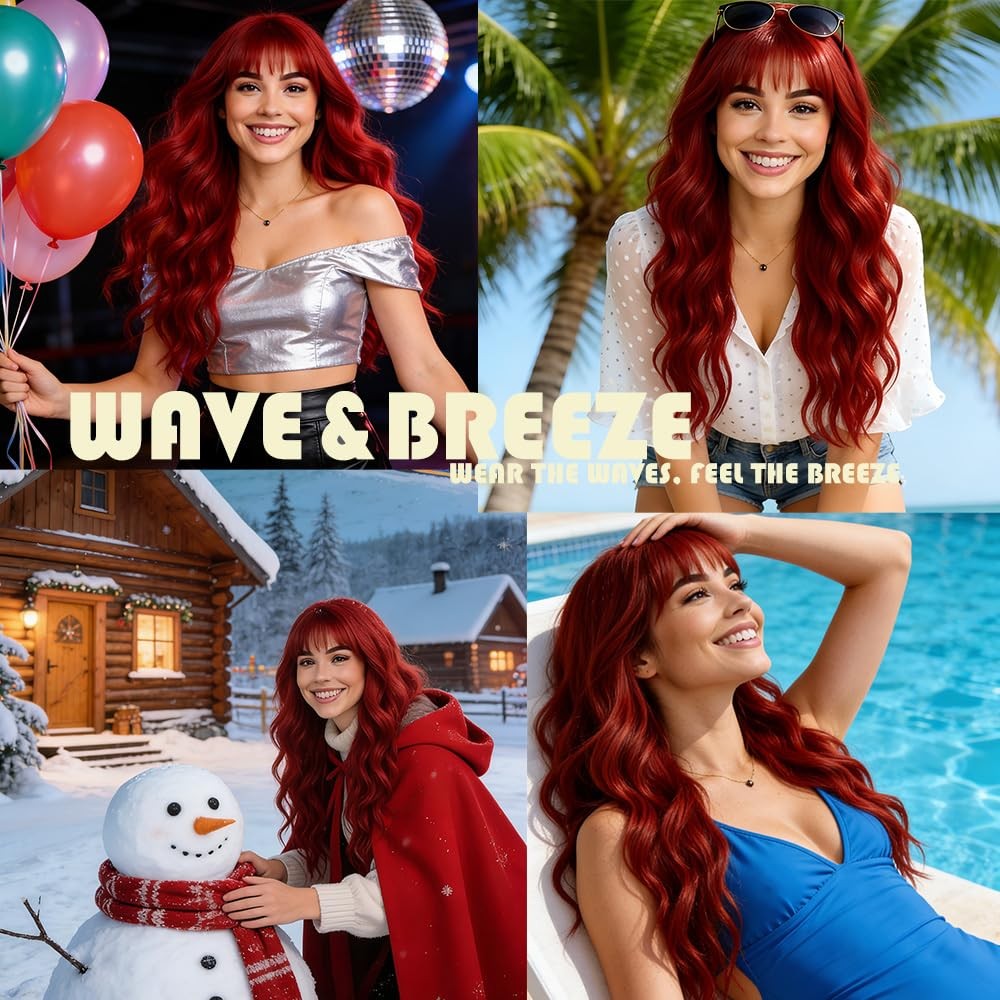 Long Red Wavy Curly Wig with Bangs - 26 Inch Synthetic Hair for Women