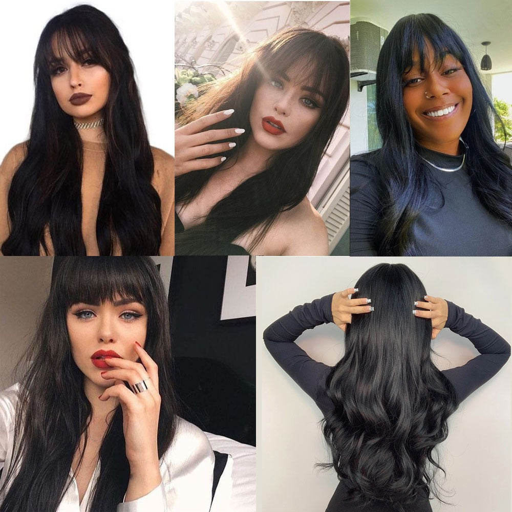 Long Wavy Synthetic Costume Wig with Bangs - Off Black, Heat Resistant, Soft & Natural Looking