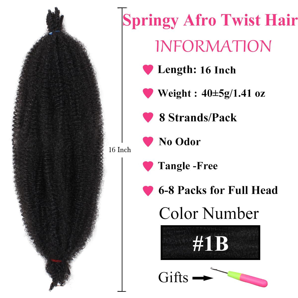 16 Inch Afro Twist Hair Extensions - Pre-Separated Bouncy Synthetic Braiding Hair - 3 Packs