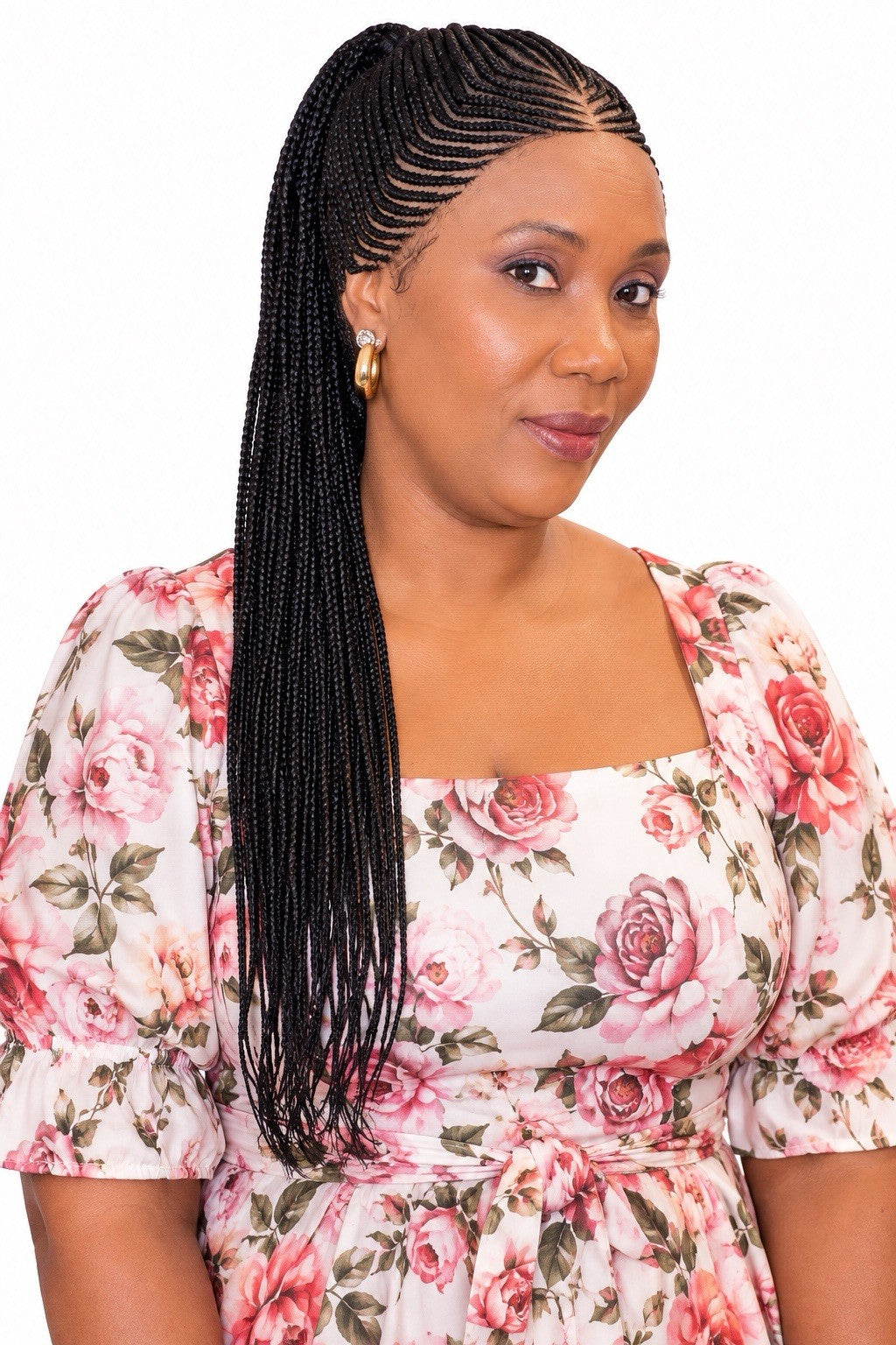 24-Inch Braided Glueless Wig with Cornrows and High Ponytail - Black