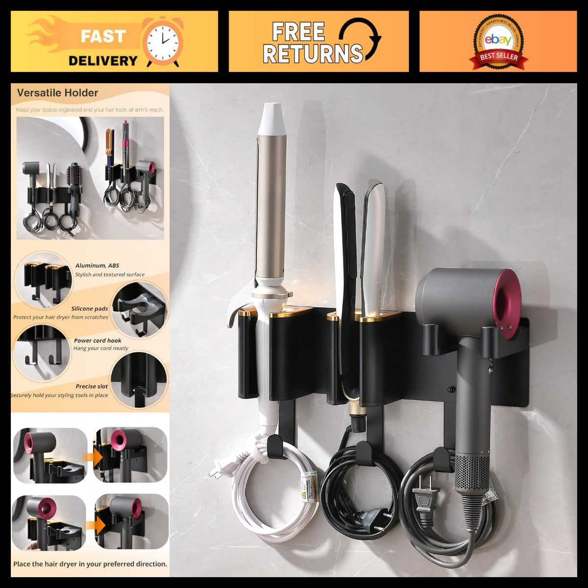 Wall Mount Hair Tool Organizer for Hair Dryers & Curling Irons