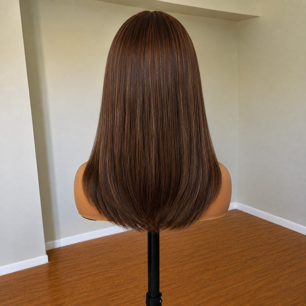 Cosplay Wig with Fringe, Low Shine Mixed Brown Synthetic Bob Hair, Heat Resistant