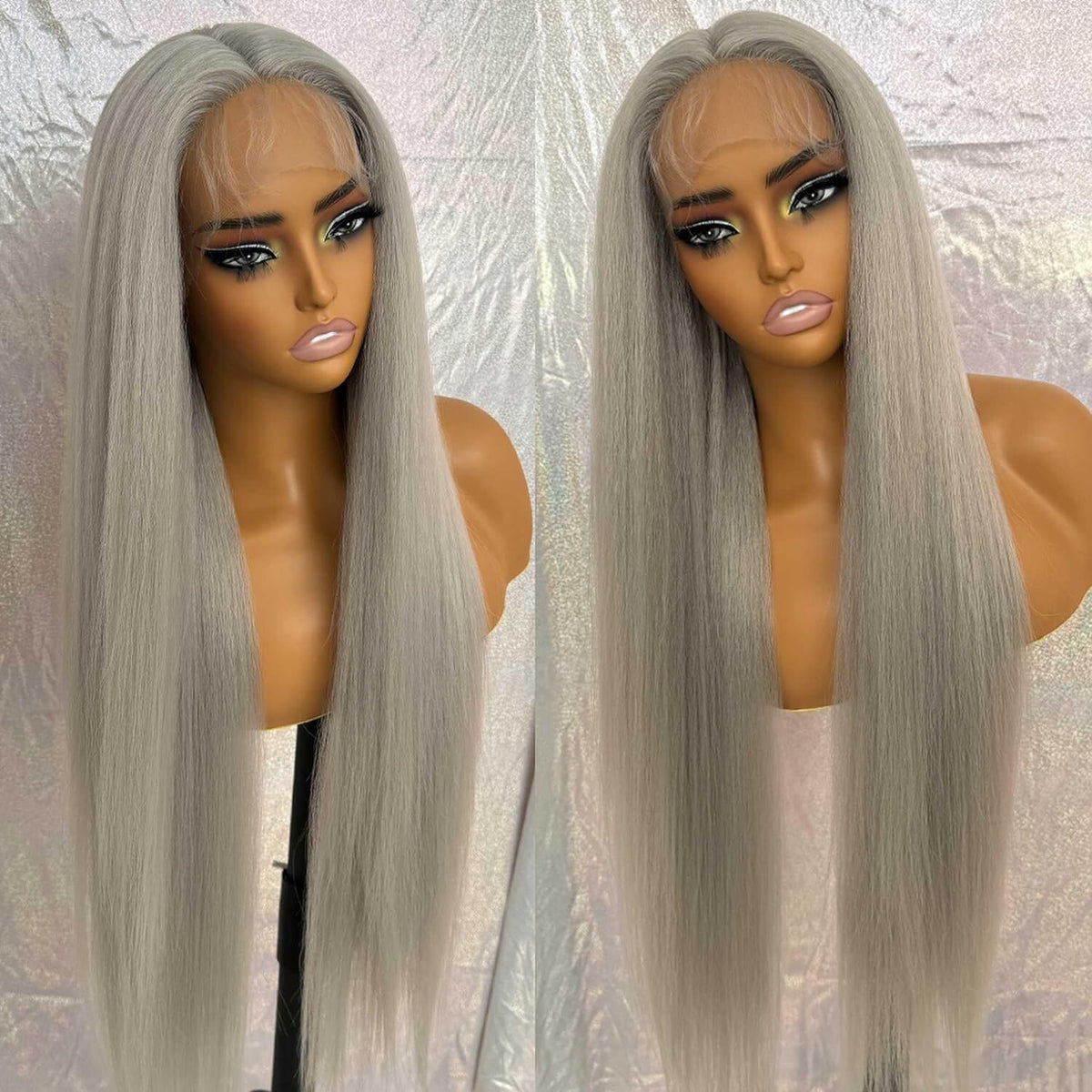 Long Straight Synthetic Lace Front Wig for Women - Gray, Pre-Plucked, 180% Density