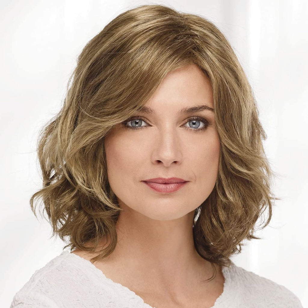Mid-Length Synthetic Wig with Swept Bangs & Tousled Waves - Natural Look, Comfortable Fit