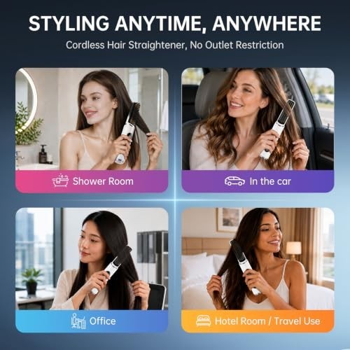 Cordless Ionic Hair Straightener Brush - Travel Flat Iron with Fast Heating