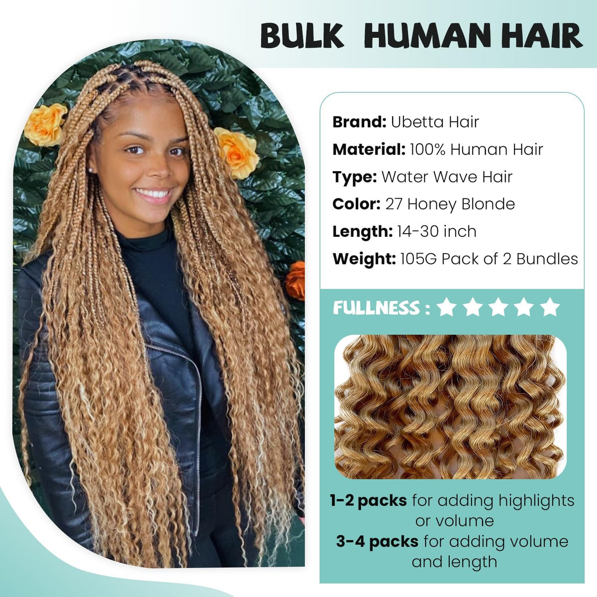Honey Blonde #27 Deep Water Wave Human Braiding Hair 16 Inch 2 Bundles