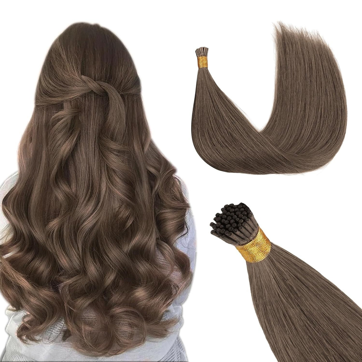 24-Inch Human Hair Extensions I Tip Light Ash Brown 100g Remy Real Hair