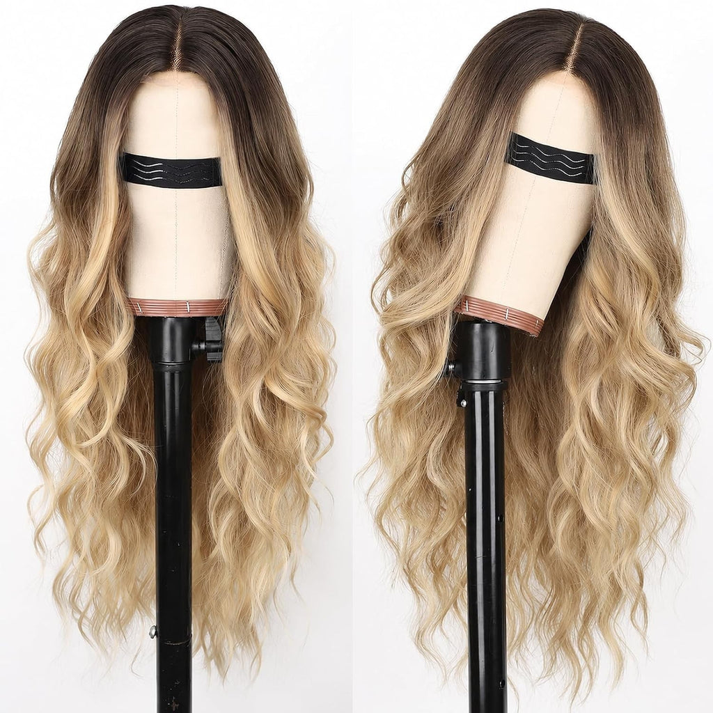 Blonde Wigs for Women 26 Inch Wavy Lace-Front Wig with Middle Part