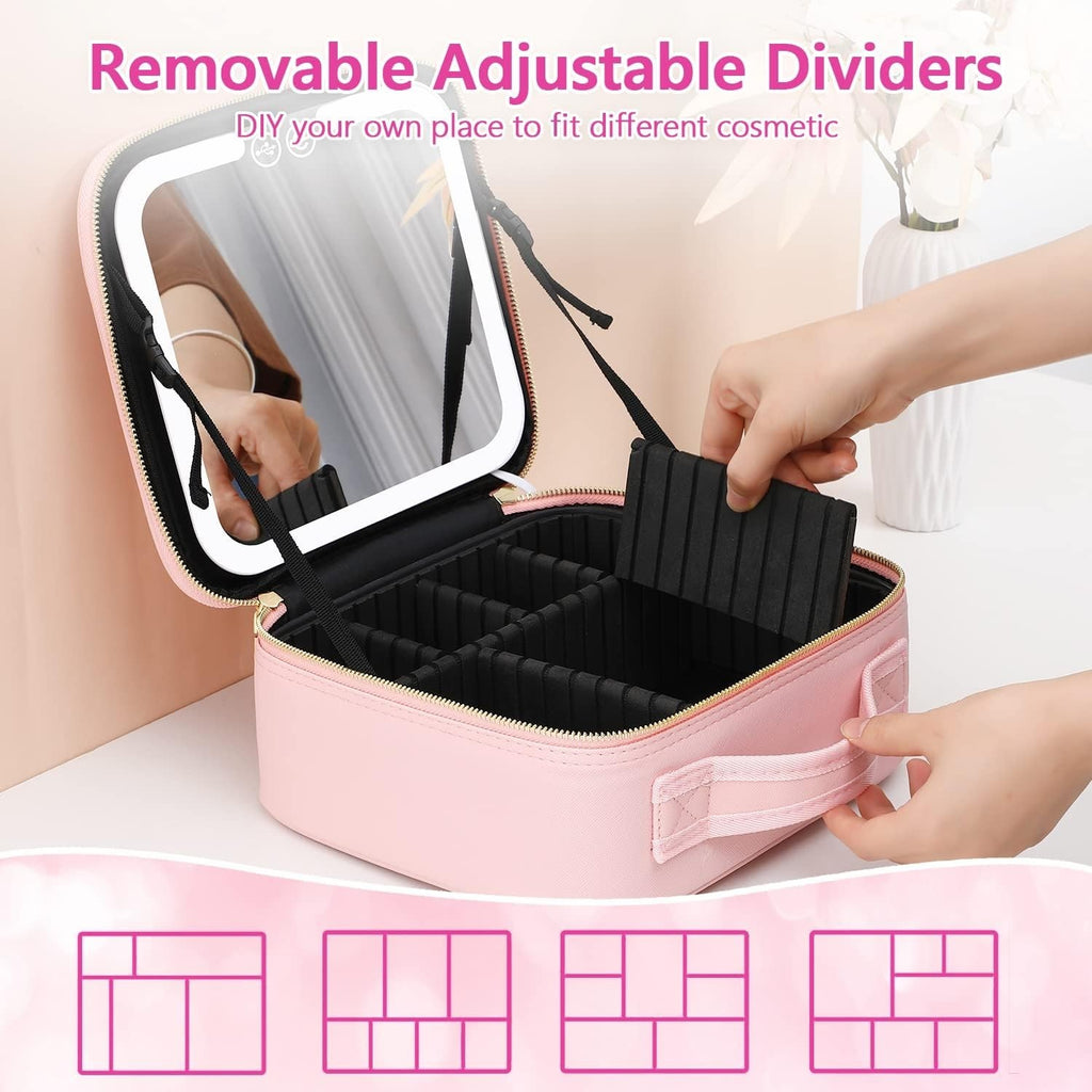 Travel Makeup Bag with LED Lighted Mirror and Adjustable Compartments