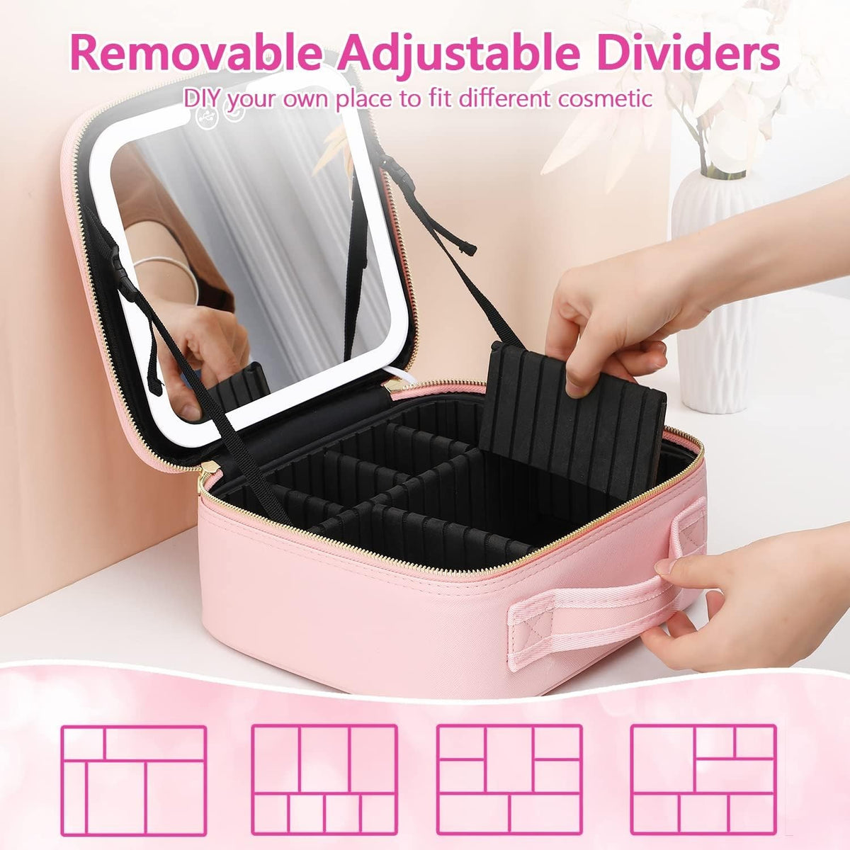 Travel Makeup Bag with LED Lighted Mirror and Adjustable Compartments