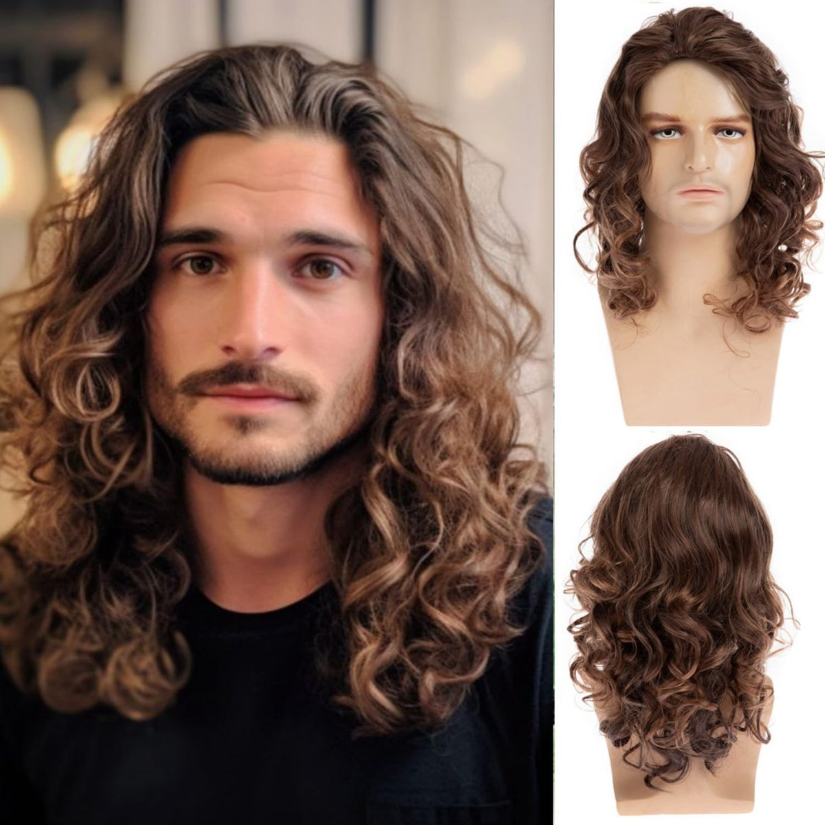 Brown Curly Synthetic Wig for Men - 17-Inch Party & Everyday Use