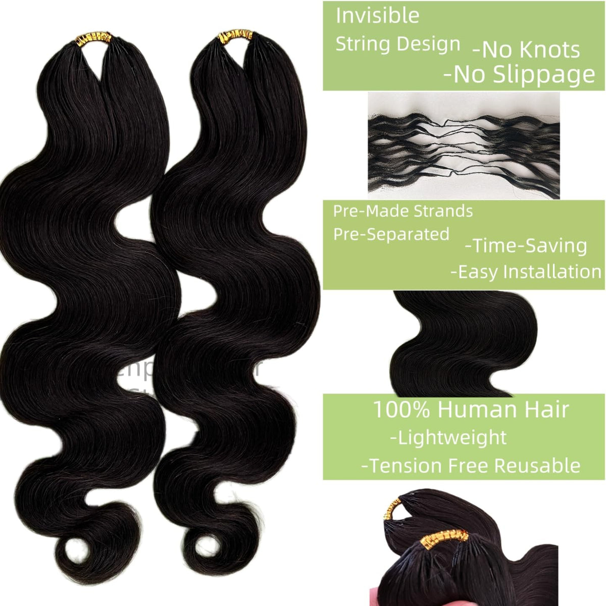 16-Inch Human Hair Body Wave Crochet Extensions - Knotless Pre-Separated 60g