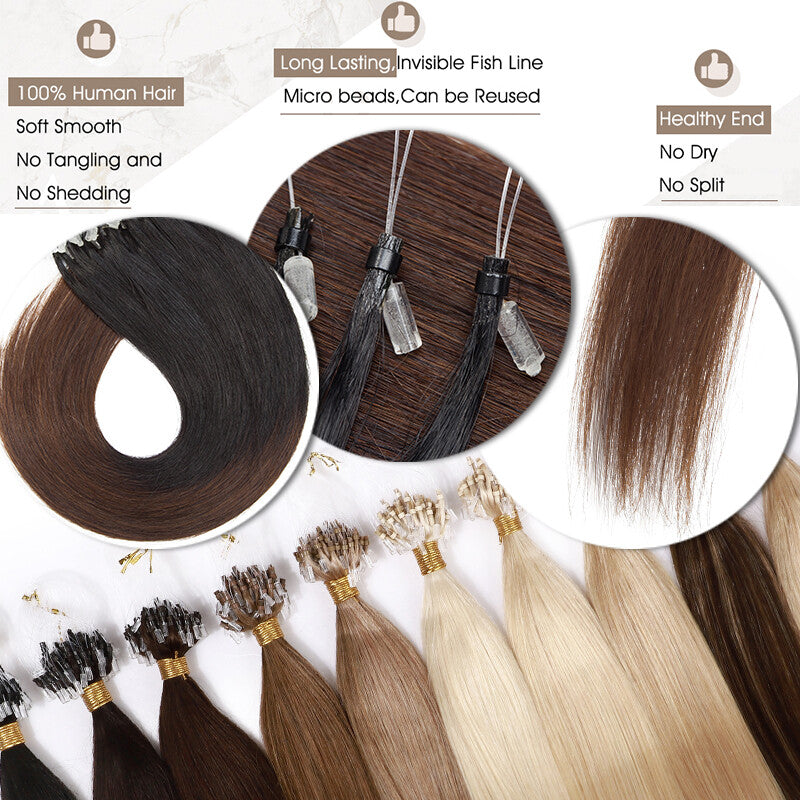 Human Hair Extensions Micro Loop Bead Rings - Real Remy Hair, Multiple Colors & Lengths