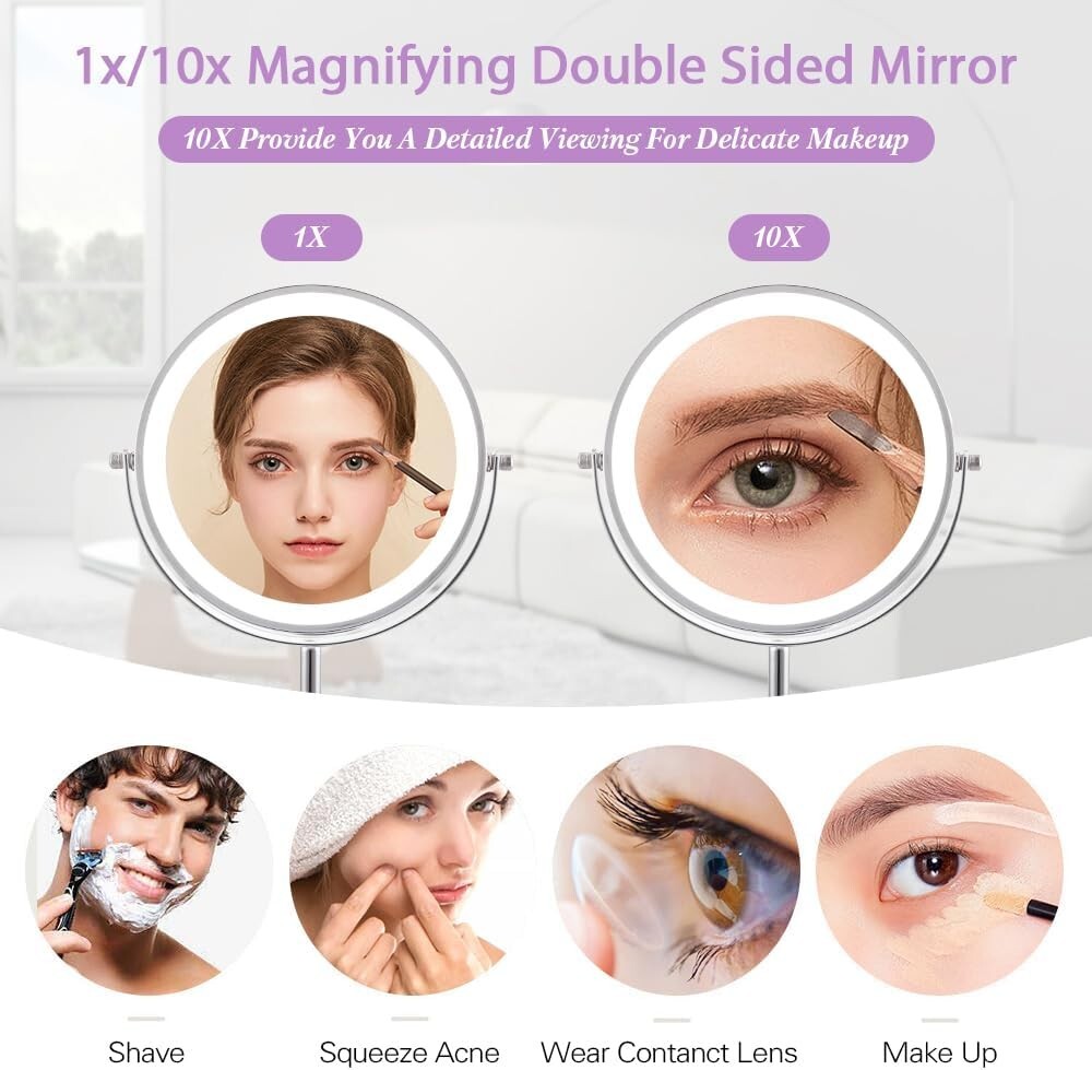 Rechargeable 8-Inch Lighted 1X/10X Magnifying Makeup Mirror with Chrome Finish