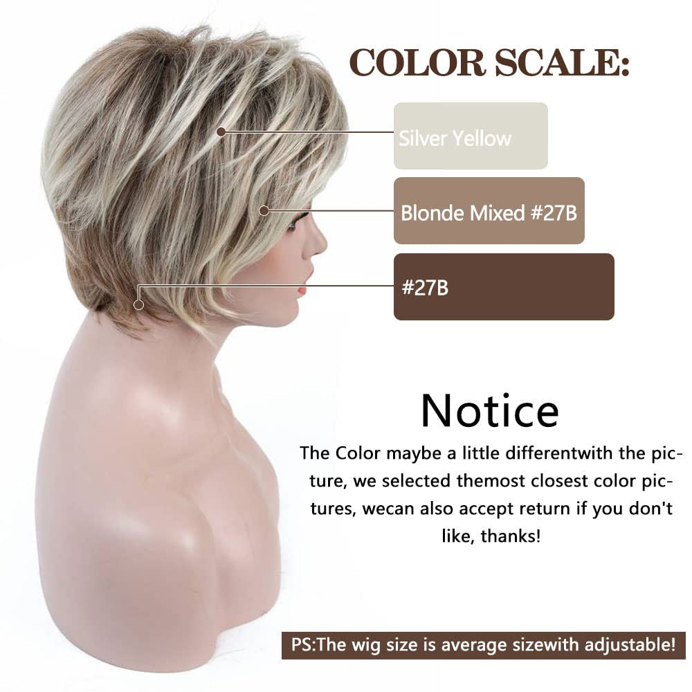 Short Blonde Brown Ombre Synthetic Wig - Curly, Adjustable Fit