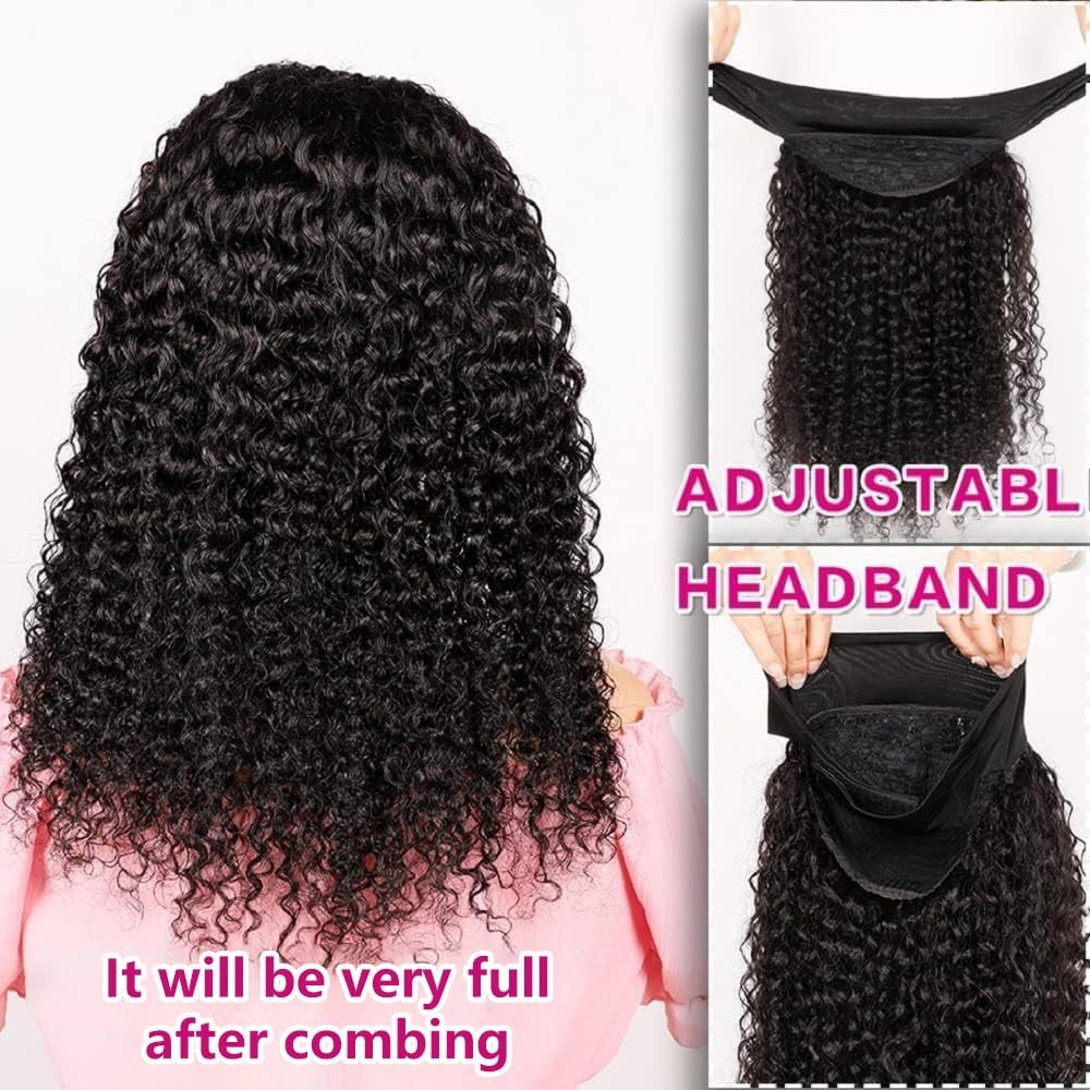 Human Hair Kinky Curly Headband Wig 18 Inch Natural Color for Black Women
