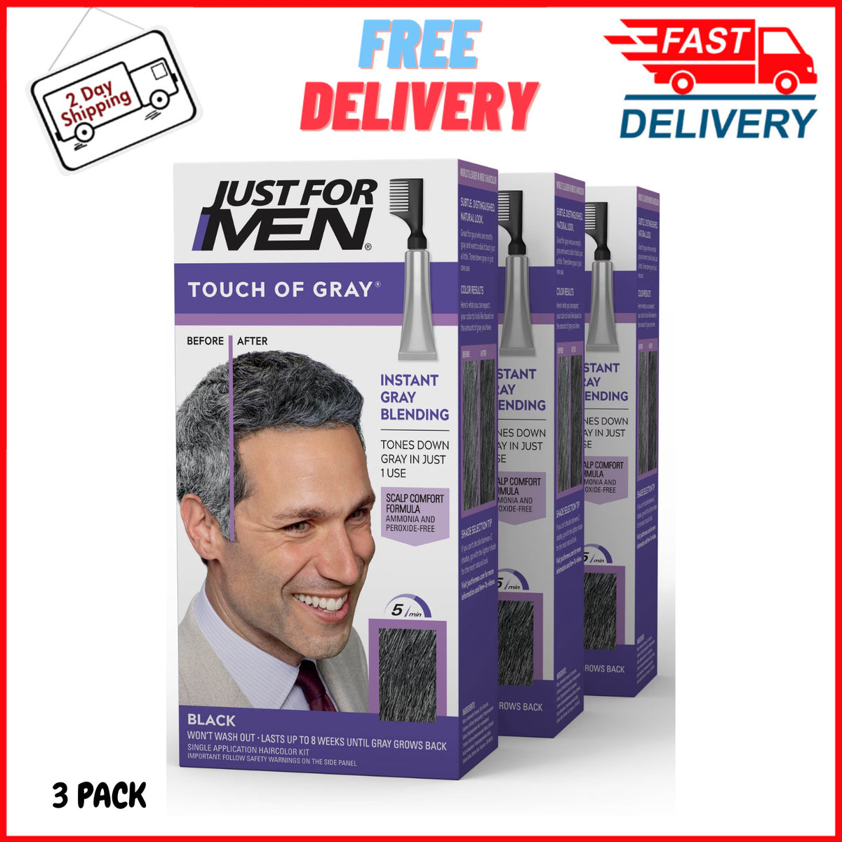 Hair Color Kit with Comb Applicator - Black, Touch of Gray 3-Pack