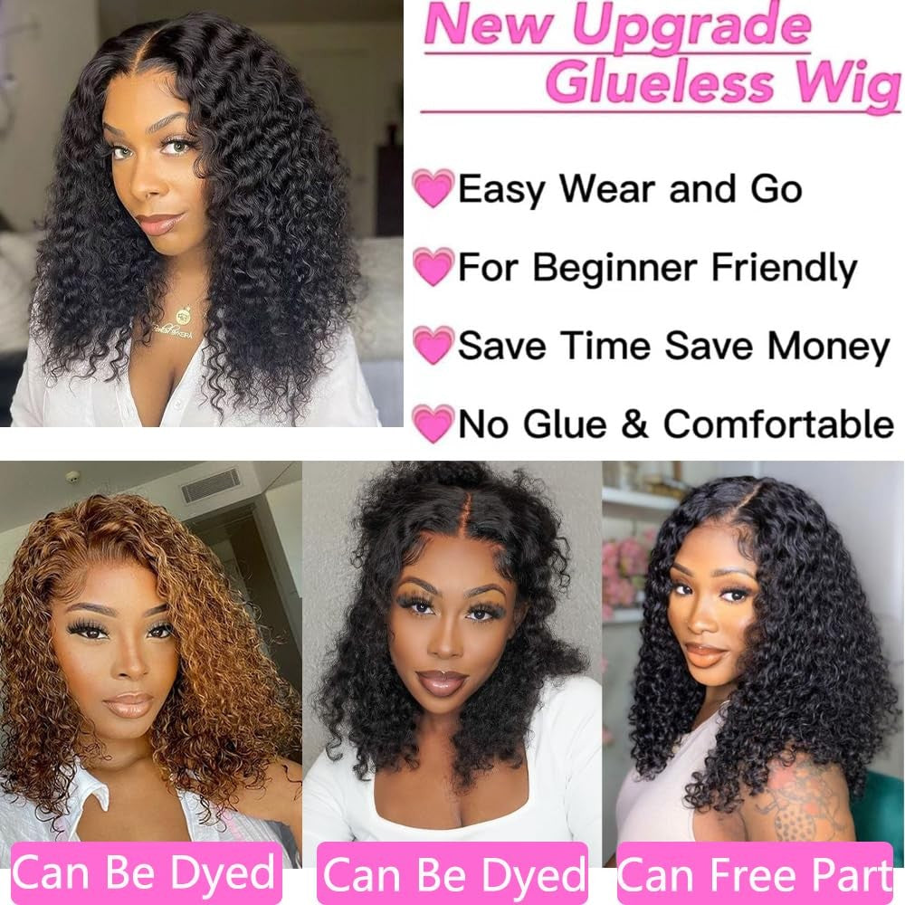 Glueless Human Hair Curly Bob Wig Deep Wave Pre Plucked Pre Cut 4x4 Closure