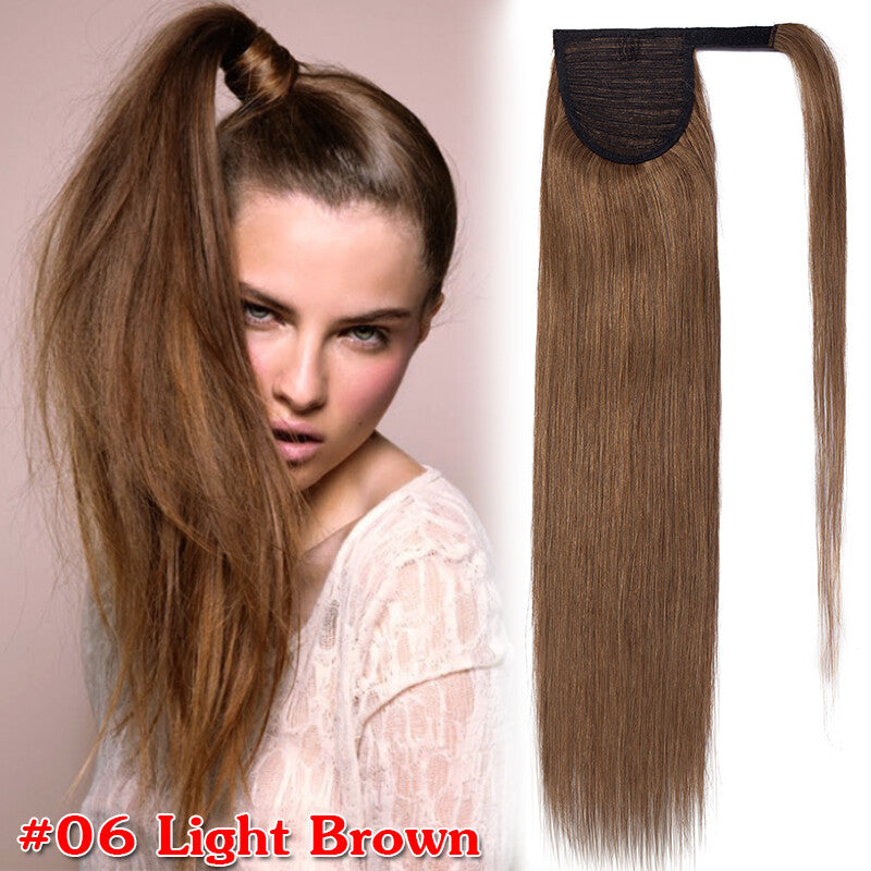 Clip-In Human Hair Ponytail Extensions Wrap Around Thick Hairpiece
