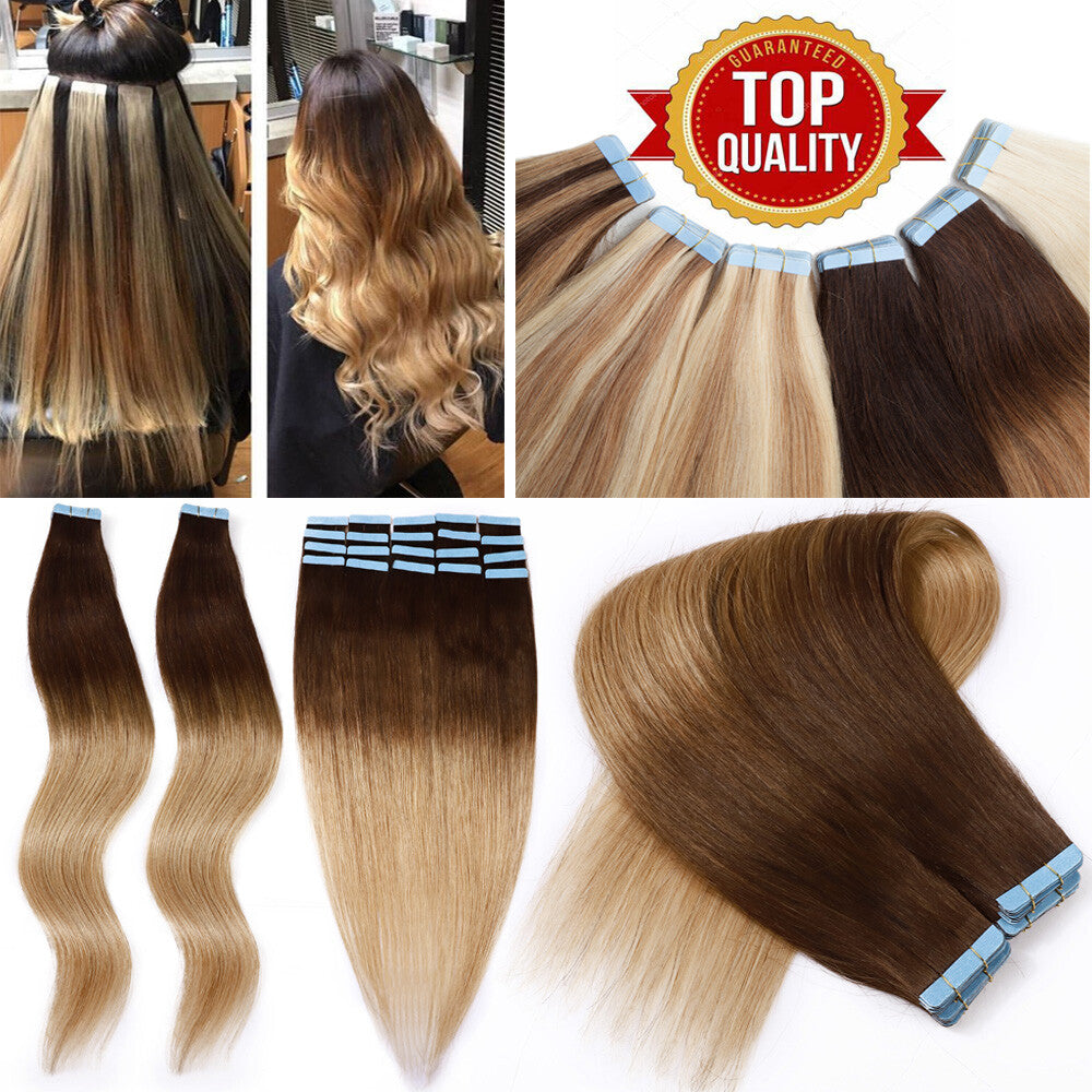 Russian Straight Tape-In Hair Extensions - Thick Remy Human Hair, 150g, All Colors & Lengths