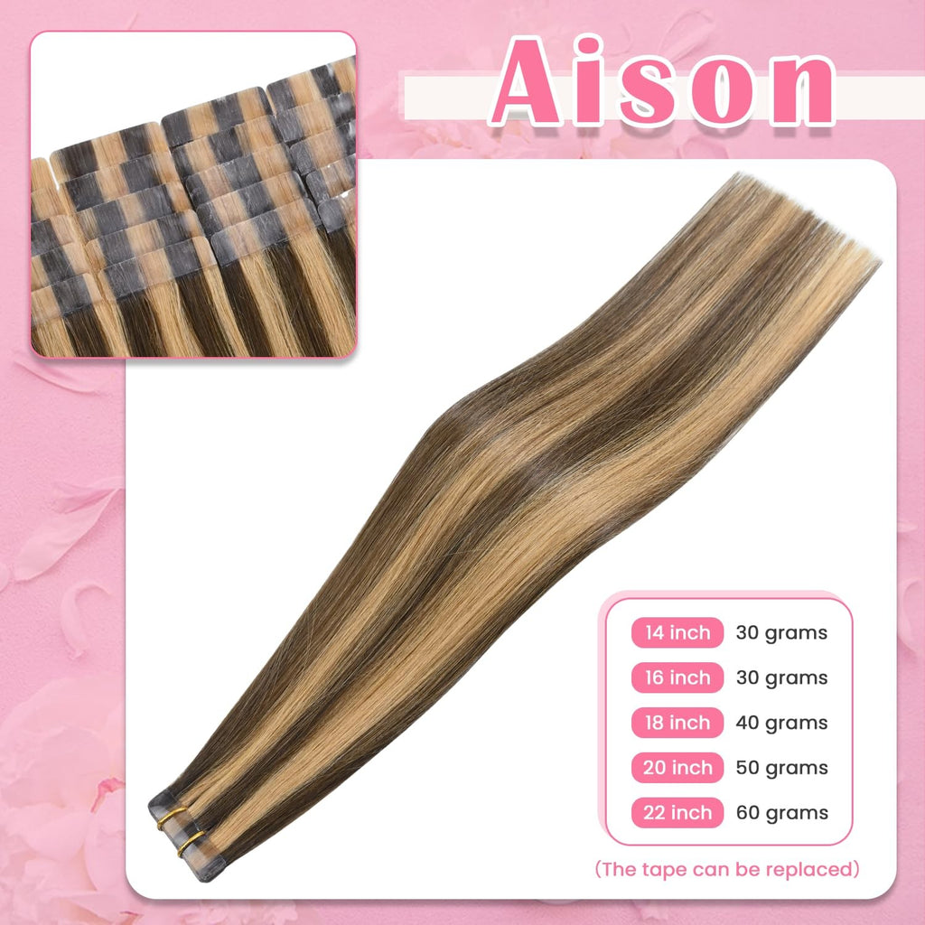 Highlight Chocolate Brown Caramel Blonde Tape-In Hair Extensions - Human Hair
