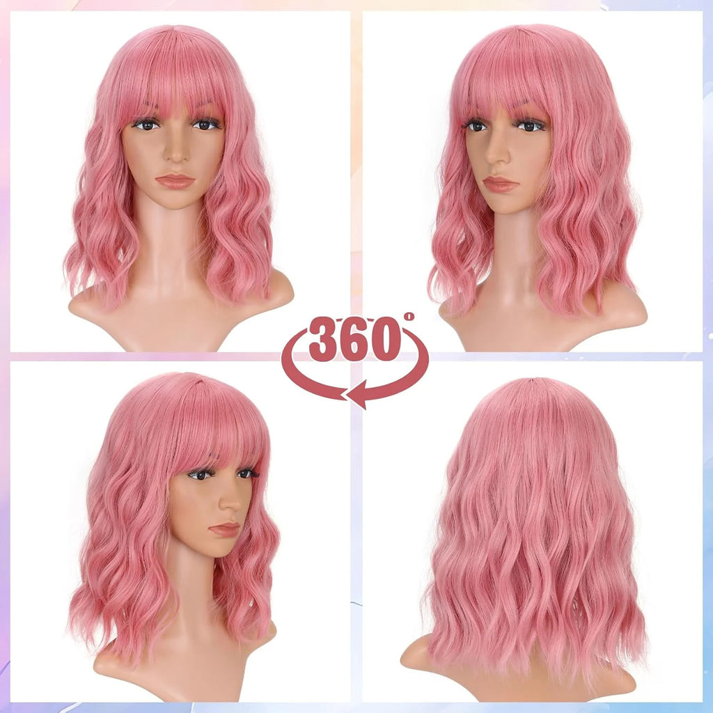 Pink Wavy Bob Wig with Air Bang - 14 Inch Curly Synthetic Hair for Women