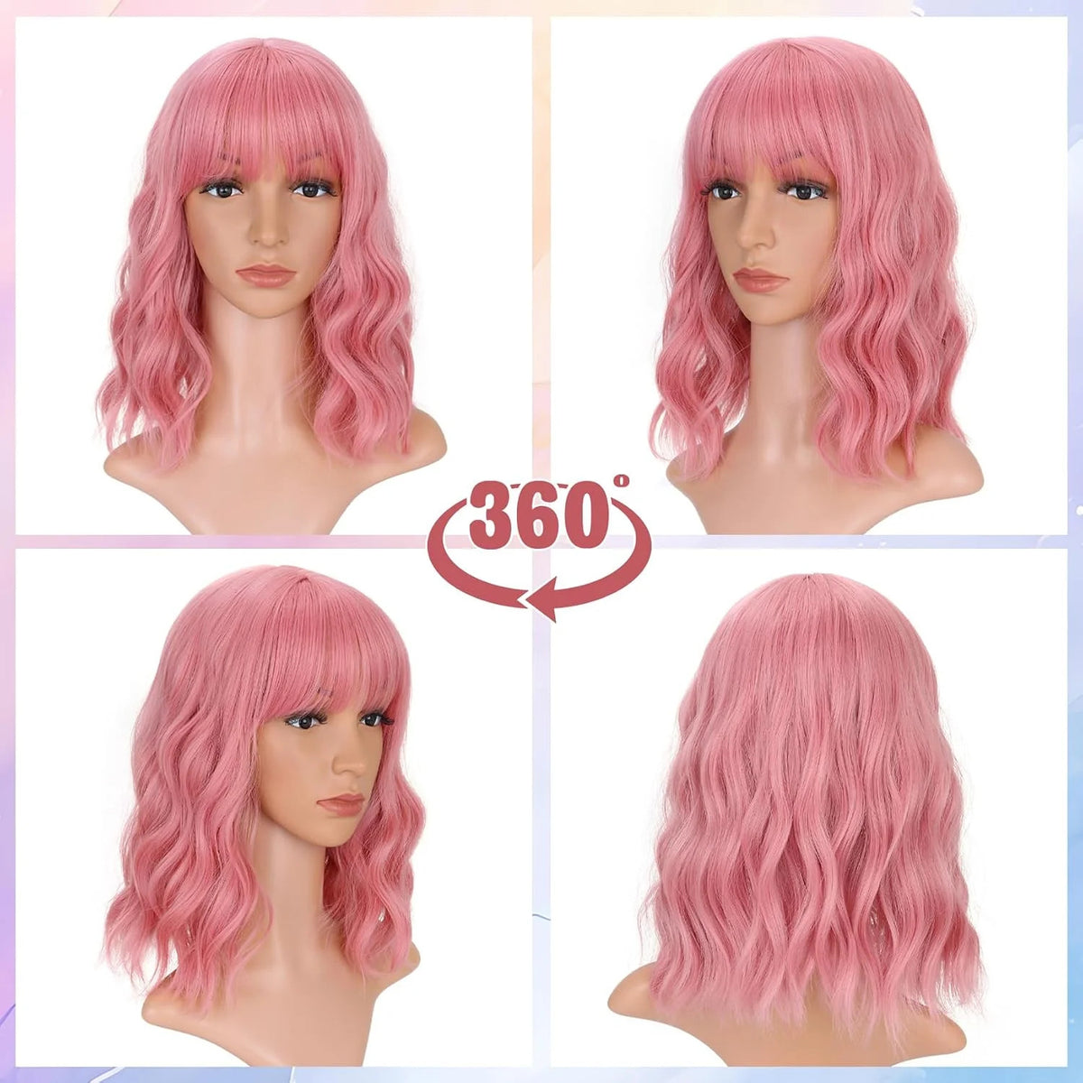 Pink Wavy Bob Wig with Air Bang - 14 Inch Curly Synthetic Hair for Women