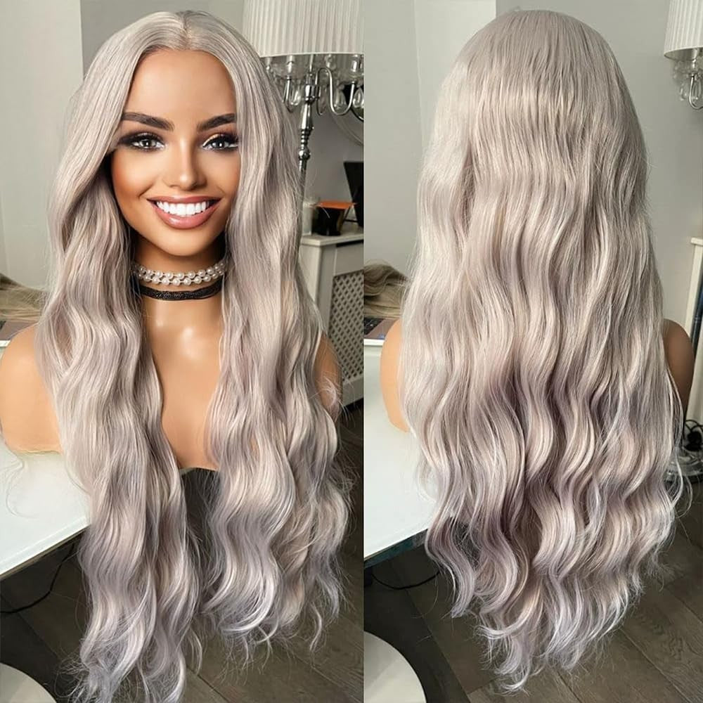 Long Wavy Silver Grey Synthetic Lace Front Wig for Women - Heat Resistant, Pre-Styled