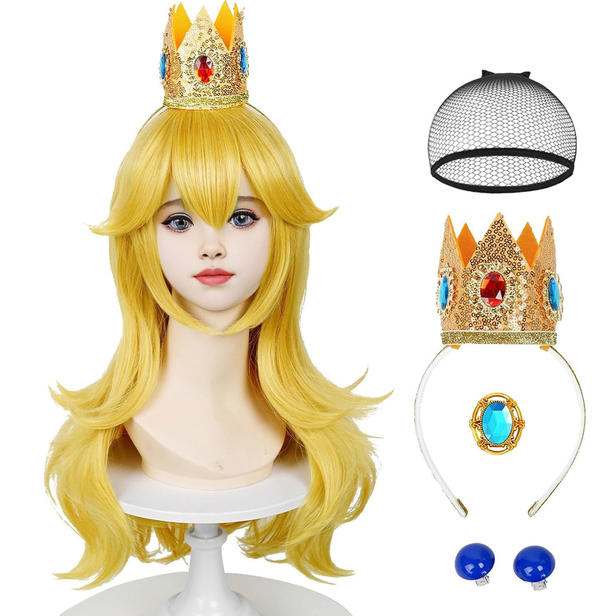 Long Blonde Princess Wig for Cosplay & Halloween with Crown Brooch & Earrings