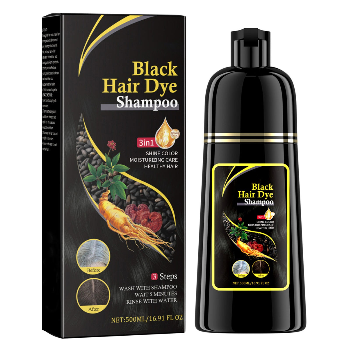 Black Hair Dye Shampoo 3-in-1 Grey Coverage & Hair Care - Luxelamps