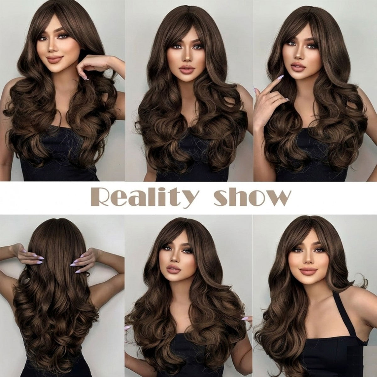 Women Dark Brown Long Wavy Synthetic Costume Wig with Bangs