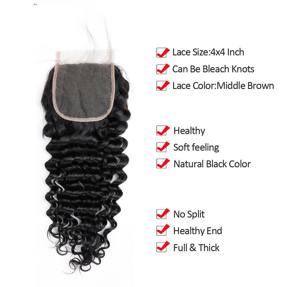 Virgin Human Hair Extensions 3 Bundles with Free Part Lace Closure Deep Wave