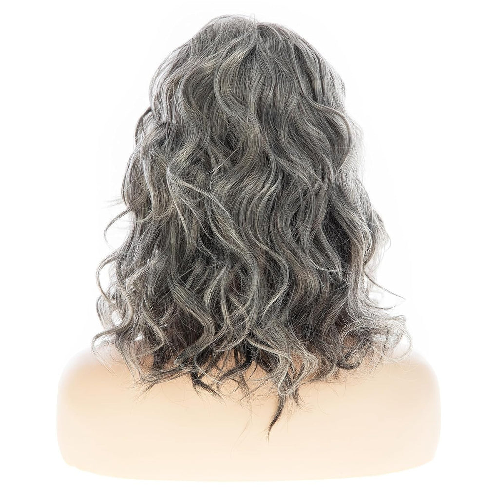 Womens Curly Wavy Synthetic Wig - Medium Long Grey Hair for Parties