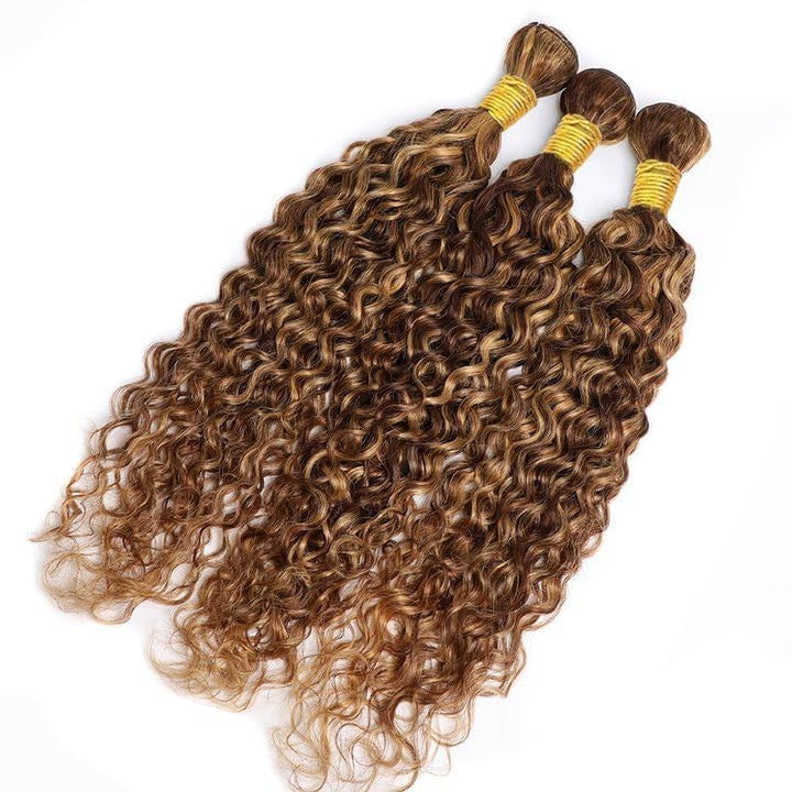Human Hair Extensions 14-18 Inch Brown & Blonde Water Wave Bundles 3 Pack