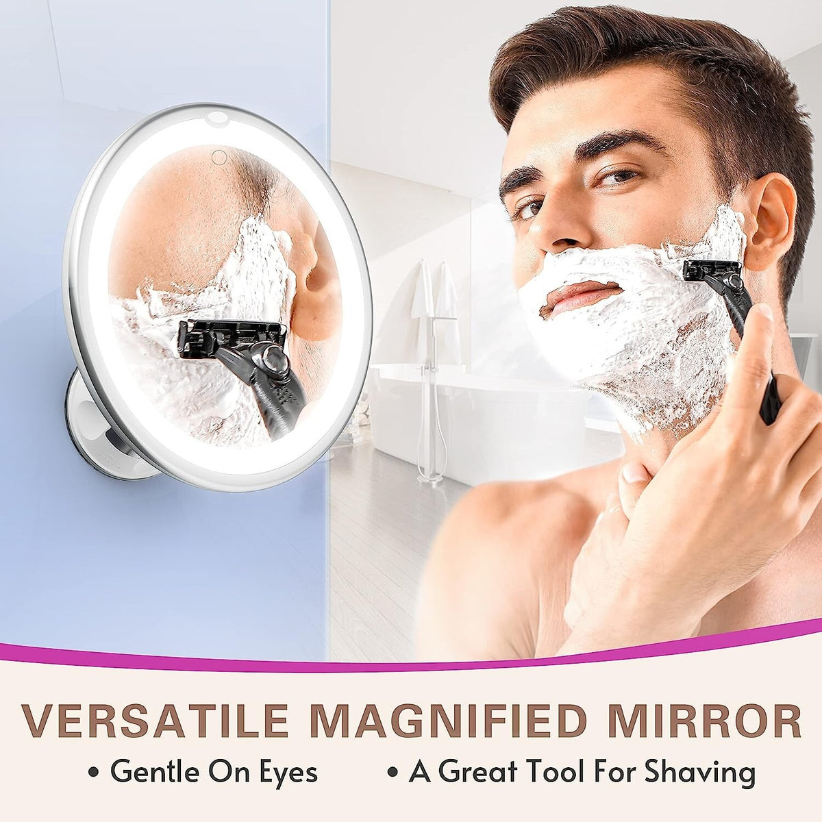 Lighted 10X Magnifying Makeup Mirror with LED Brightness & Rotatable Suction Base