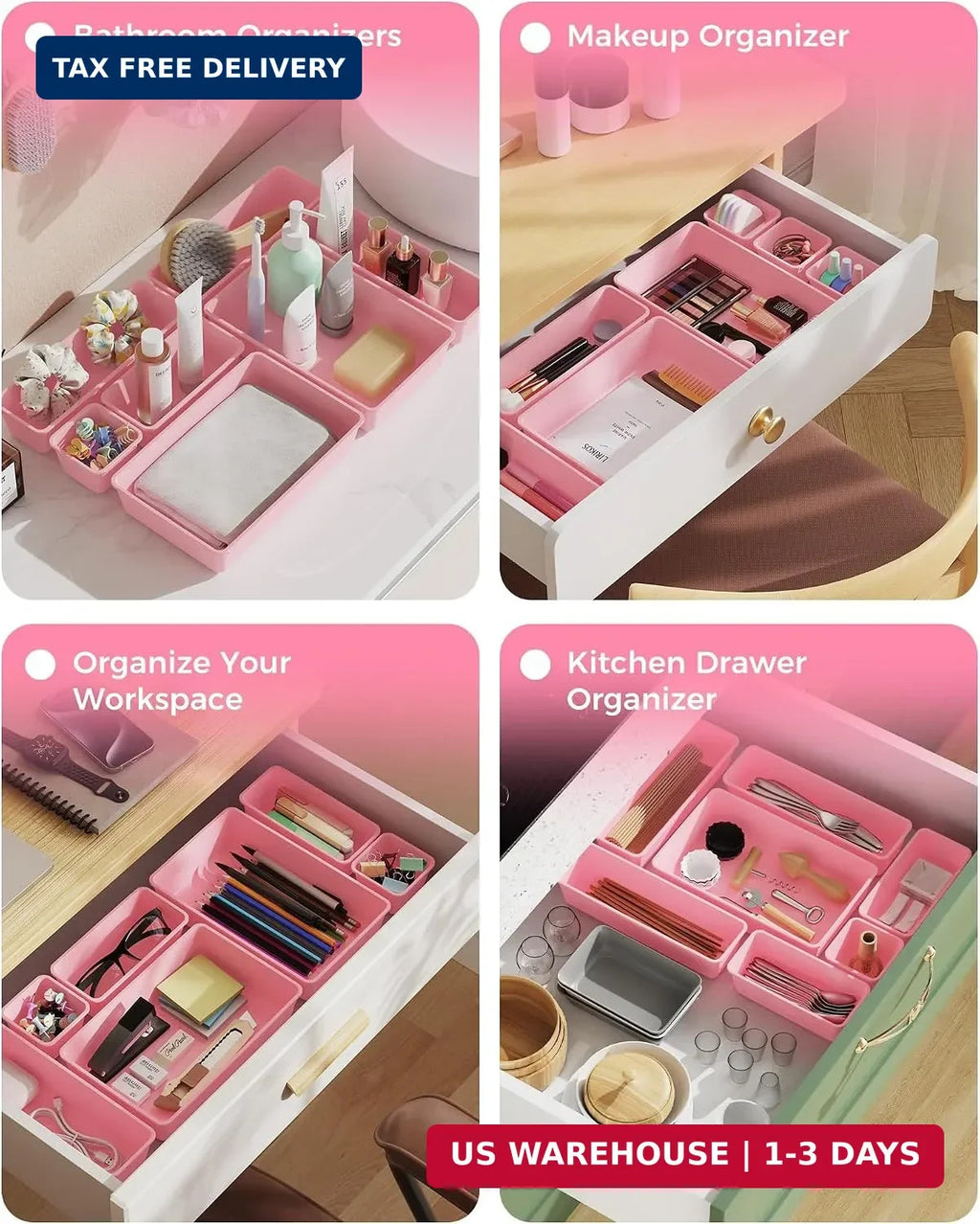 4-Sizes Plastic Drawer Organizers Set — Vanity & Makeup Storage, 25 pcs