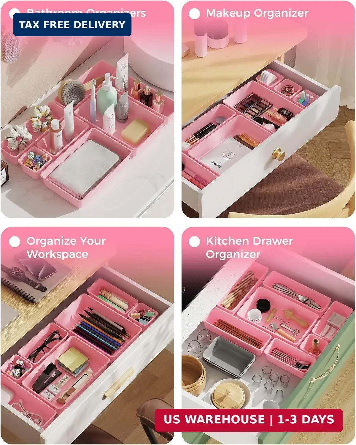 4-Sizes Plastic Drawer Organizers Set — Vanity & Makeup Storage, 25 pcs