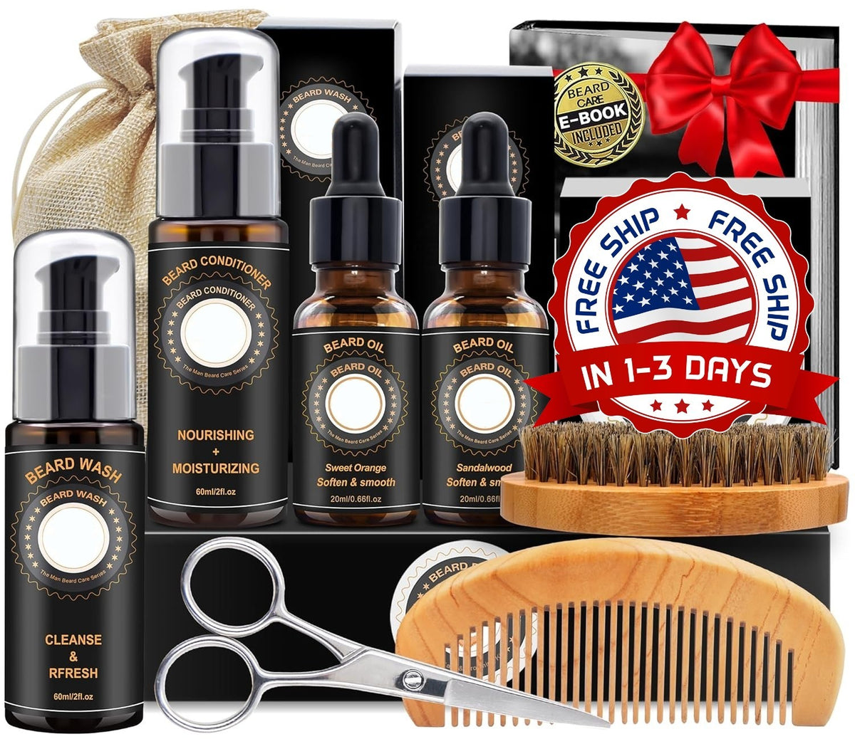 Barber Grooming Kit with Beard Oil, Balm, Cleaner, Brush & Comb - Unisex