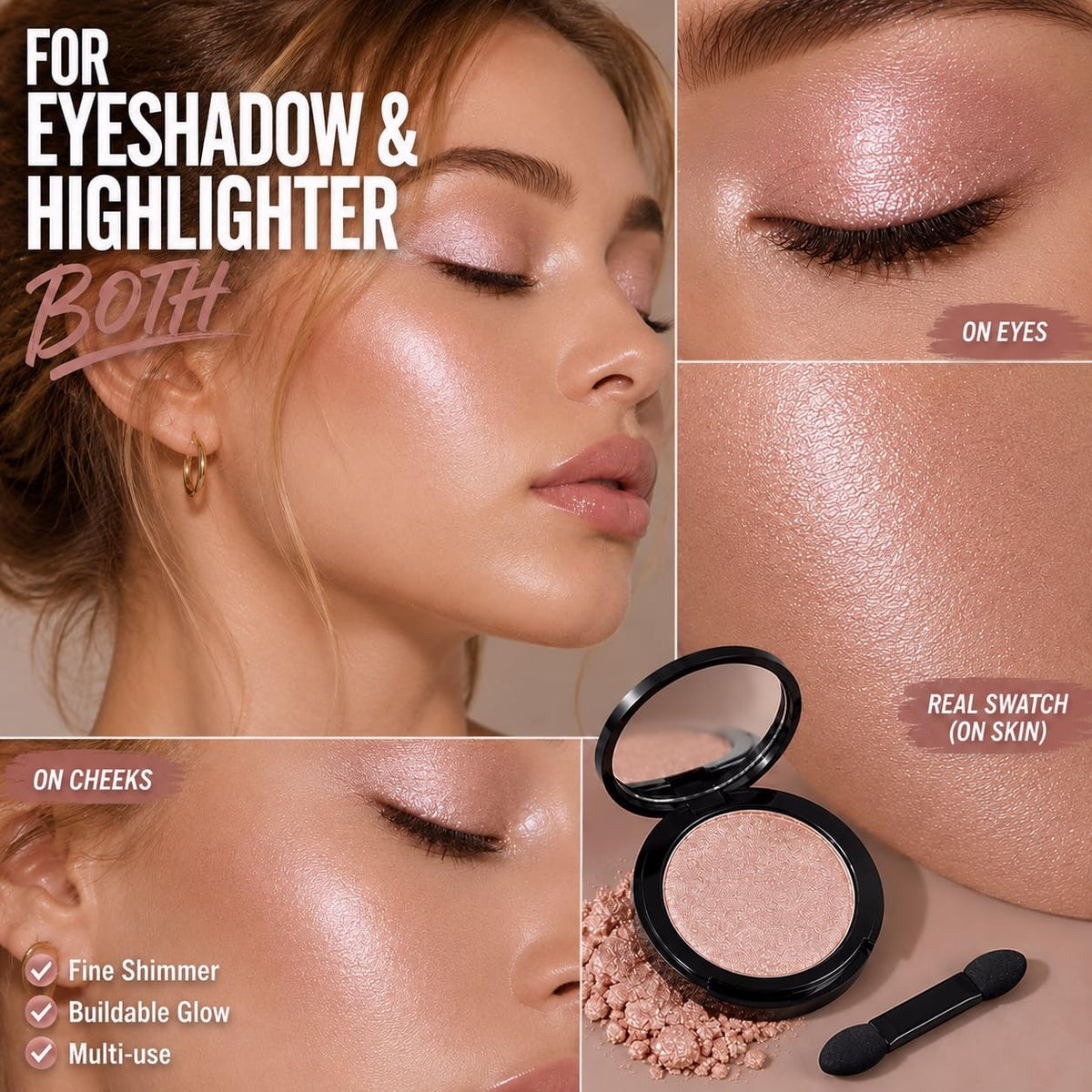 Pink Champagne Shimmer Eyeshadow with Mirror - Long Lasting 1.16 oz