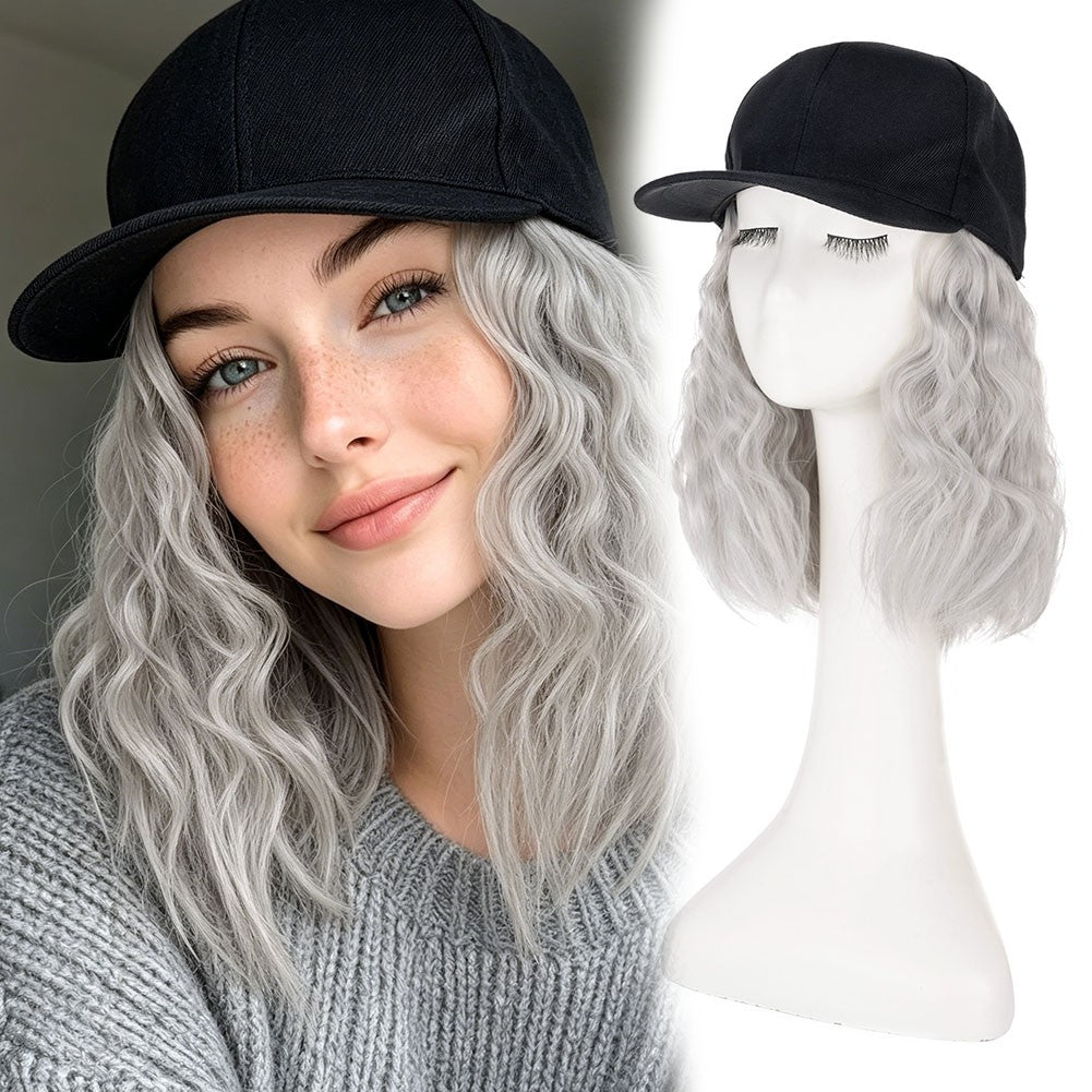 16-Inch Long Curly Cap Wig with Adjustable Baseball Hat and Attached Hair