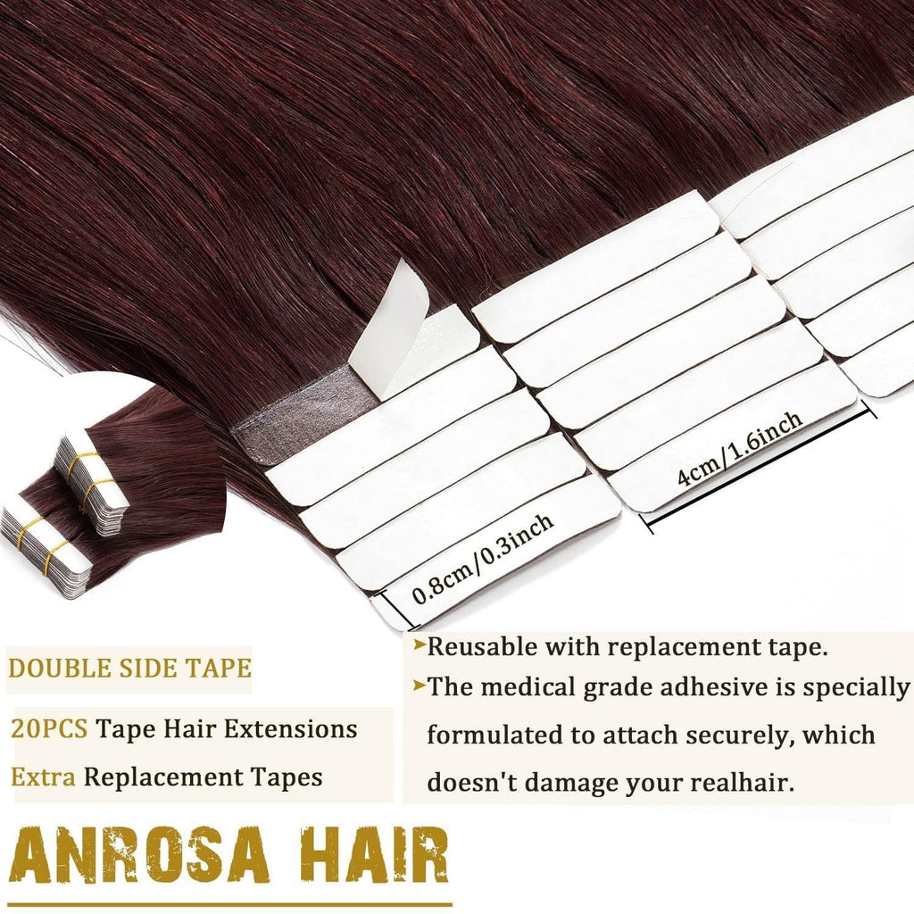 22 Inch Red Wine Burgundy Tape-In Hair Extensions - 20 Pieces, 50G