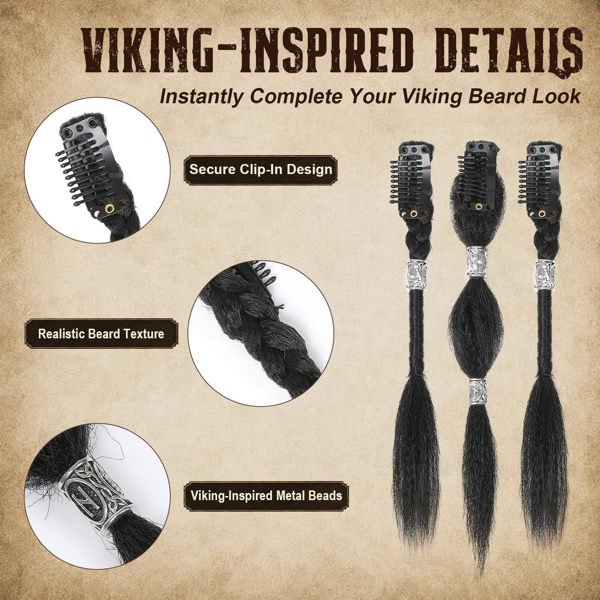 6-Inch Viking Beard Braids for Men, 3 Pcs Clip-In Facial Hair Extensions