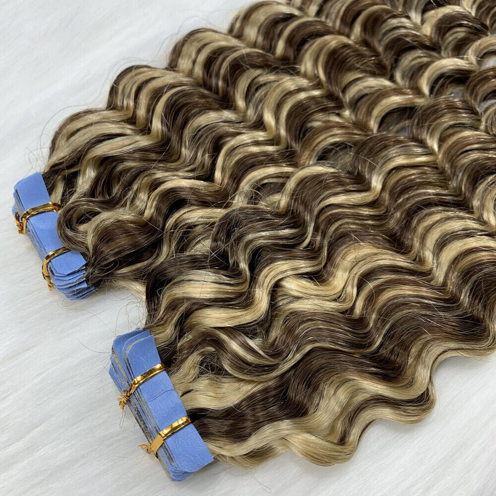 Remy Human Hair Extensions Seamless Tape-In Wefts 18 Inch Curly & Straight
