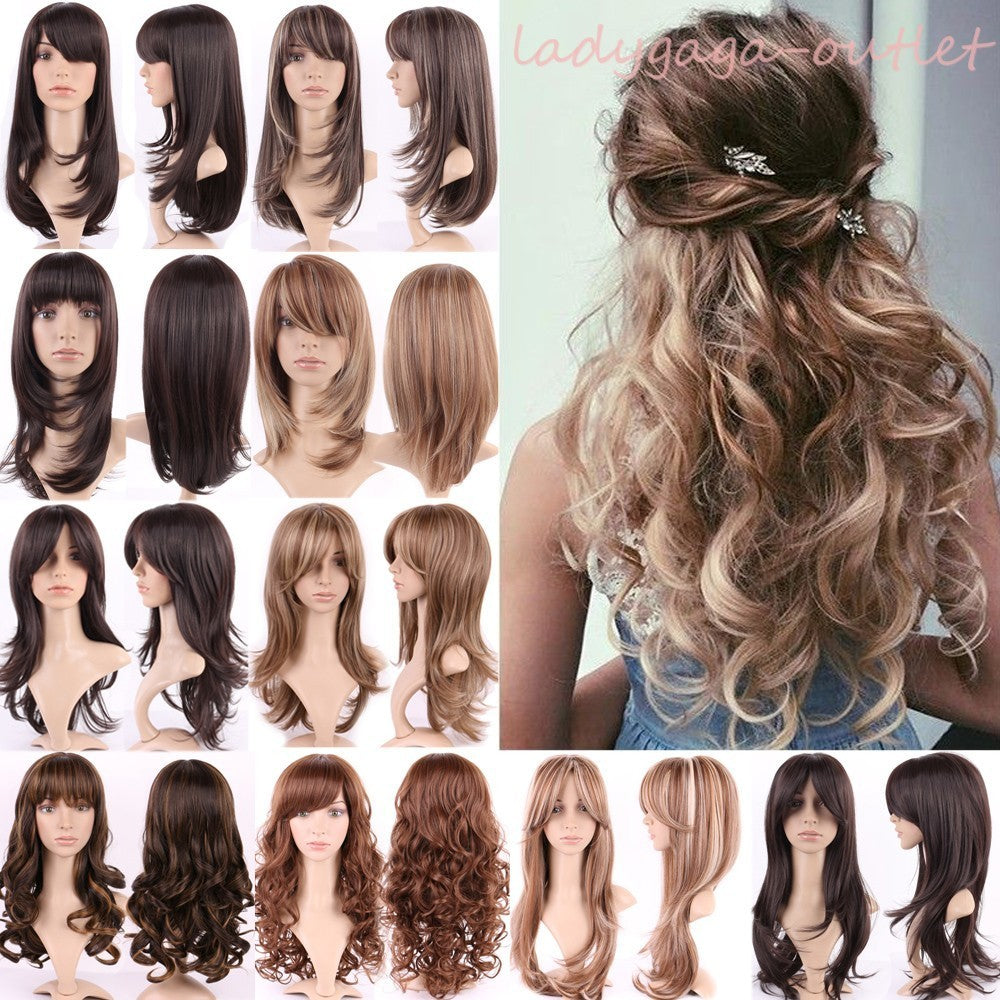 Women Long Curly Wavy Synthetic Wig with Bangs for Party & Costume